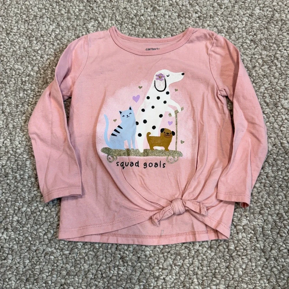 Carters Girls Pink Squad Goals‎ Graphic Long Sleeve Tie Front Top Size 2T